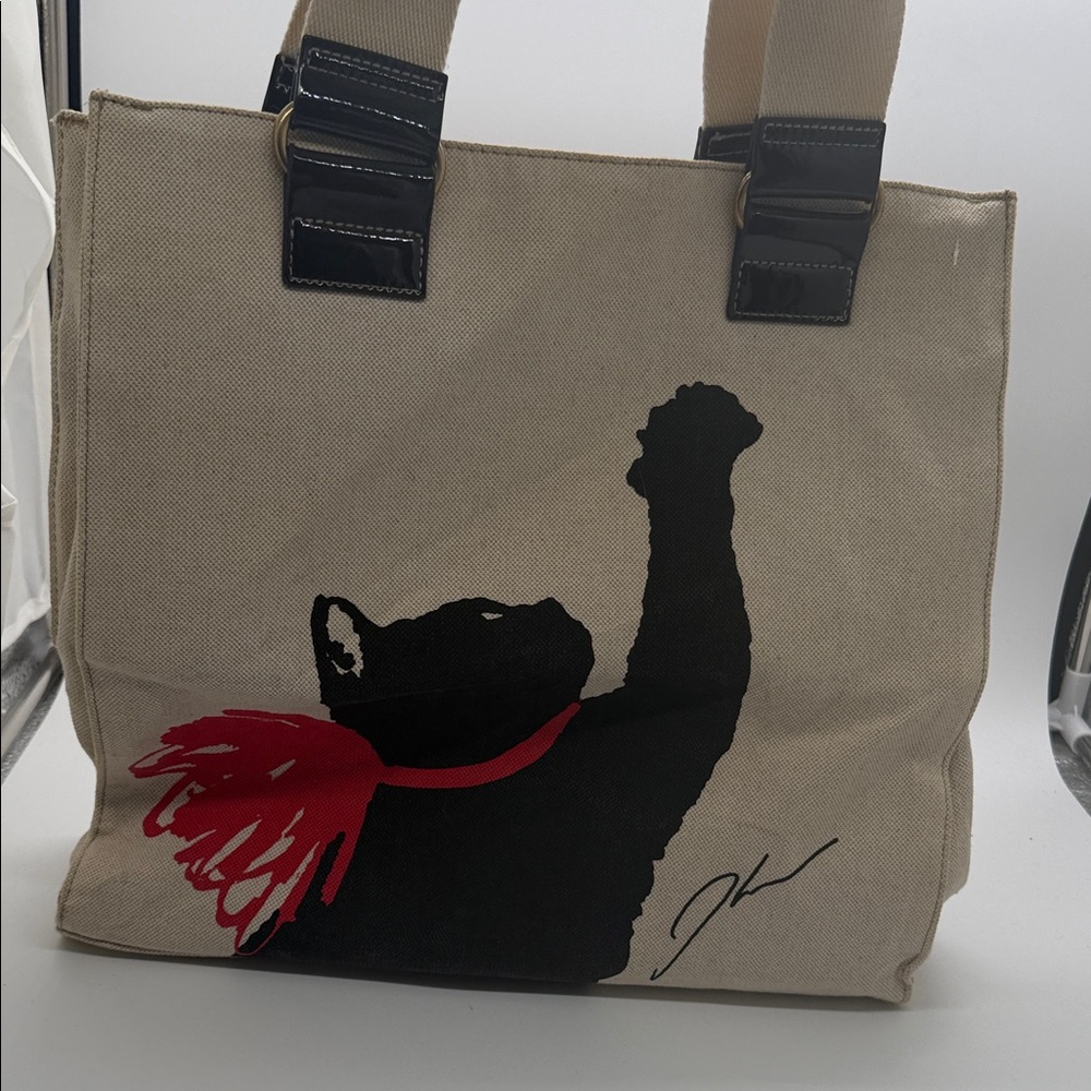 Jason Wu Beige Canvas Tote with Black Cat and Red Scarf